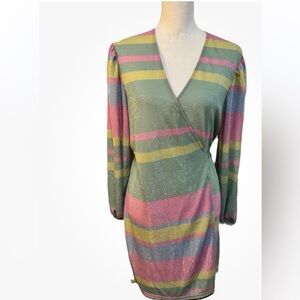 Traffic People Multicolored Striped Long Sleeve Wrap Dress Size Small